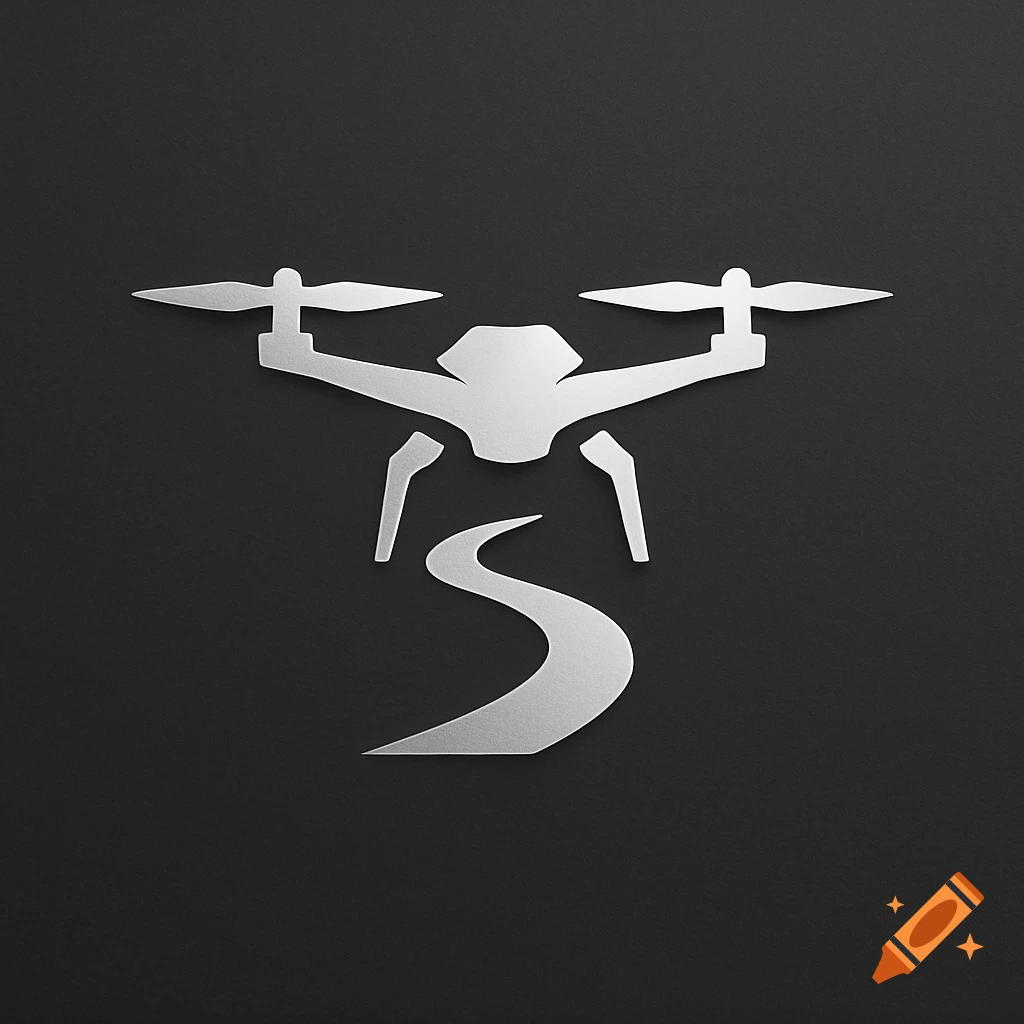 A silver metallic-style logo of a drone above a winding path on a dark background.