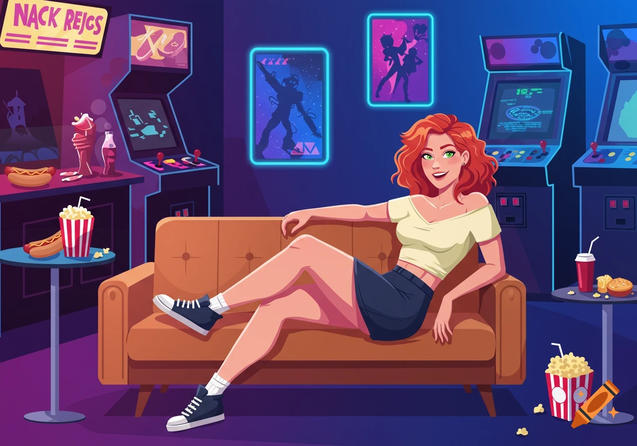 A happy redhead woman in a skirt and off-shoulder top sits on a couch in a retro 1980s arcade with games and snacks, in an anime style.