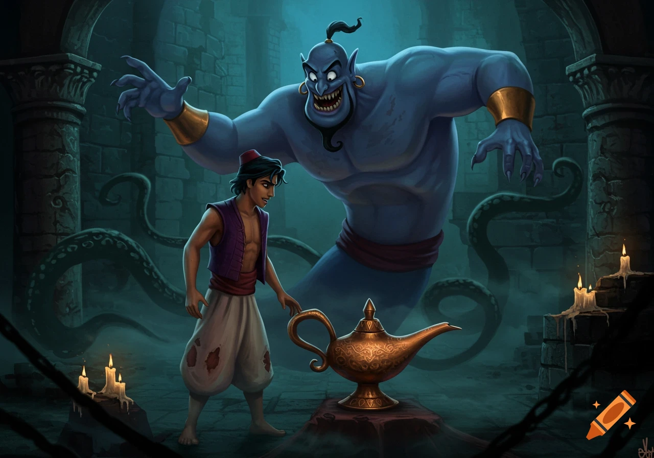 Aladdin looks at a magic lamp as a monstrous, fanged Genie looms behind him in a dark, gothic ruin with tentacles and candles.