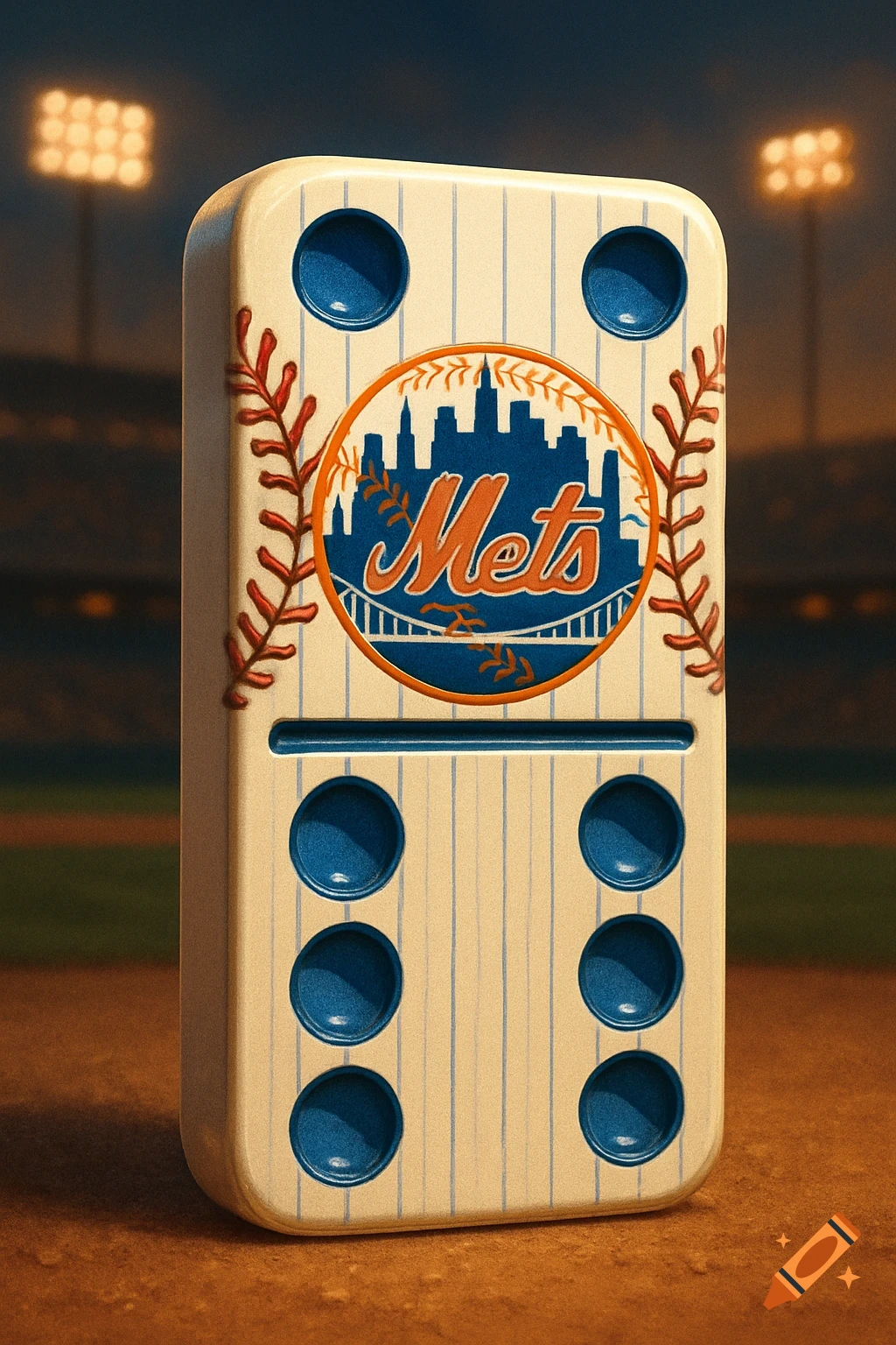 A photorealistic double-six domino tile designed with New York Mets baseball team logo and pinstripes, standing on a baseball field.