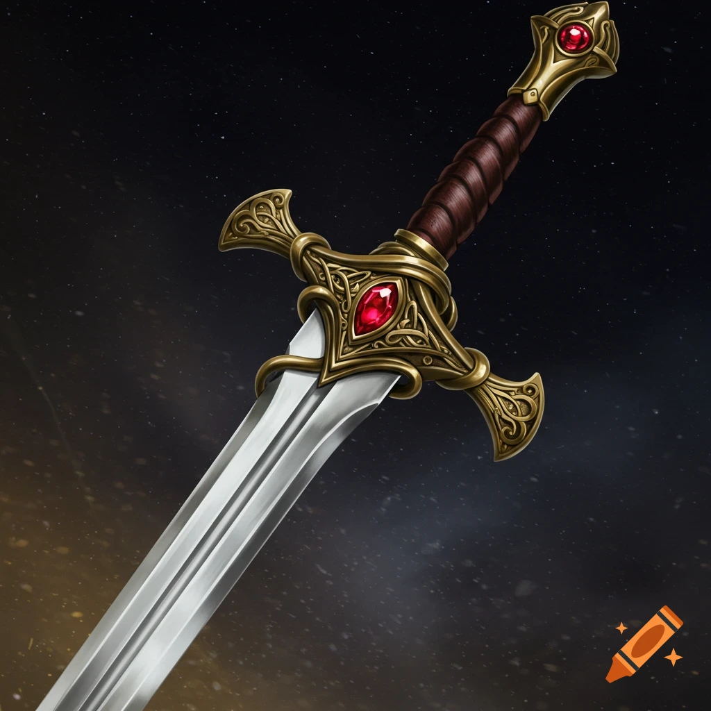 Detailed illustration of a fantasy longsword with a sleek blade, ornate brass hilt, a red ruby inlay, and a fluted brown handle.