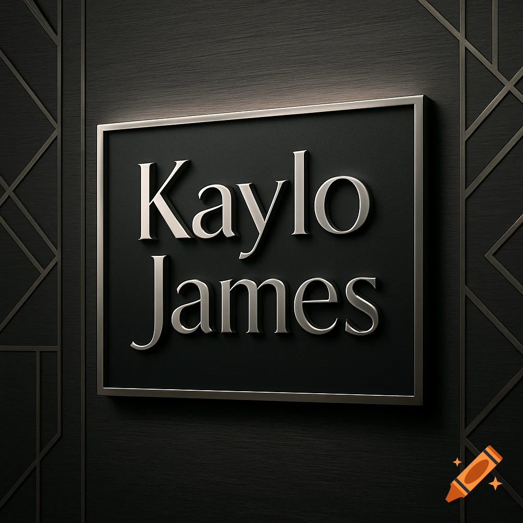 A rectangular dark sign with 'Kaylo James' in silver 3D letters, mounted on a patterned dark wall.