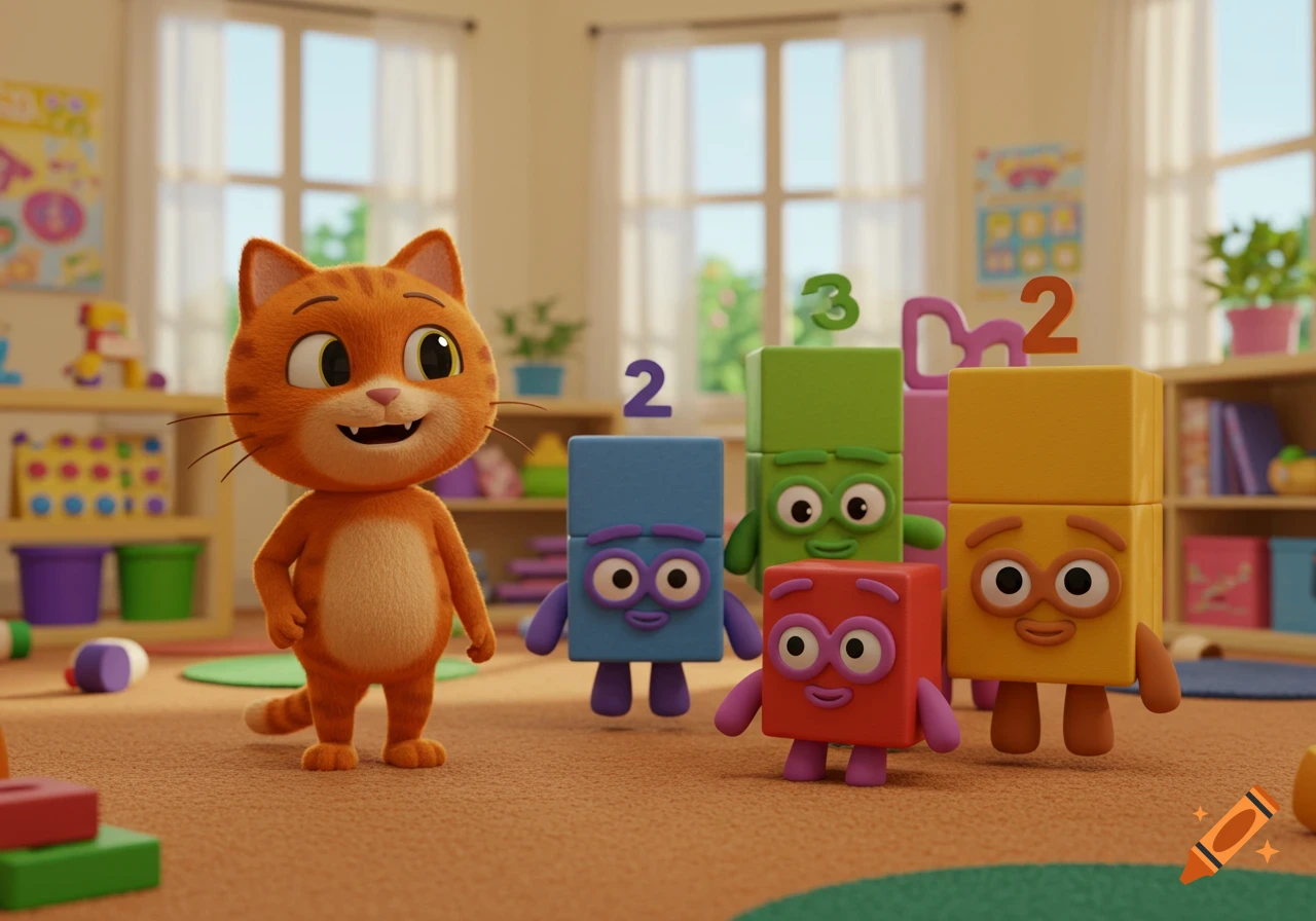 An orange cartoon cat stands in a bright classroom with colorful block-shaped characters, some with numbers 2 and 3 floating above them.