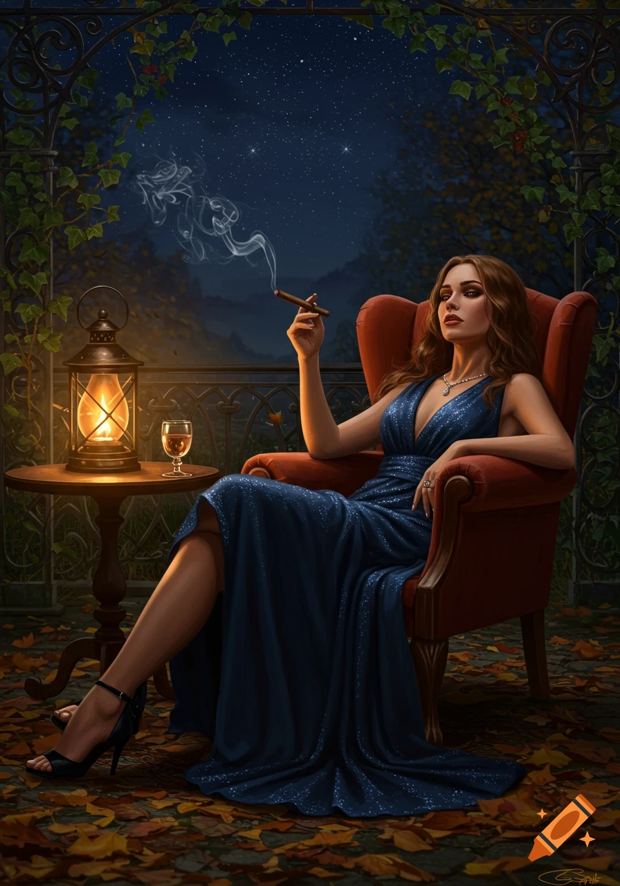 A beautiful woman in a blue gown sits on a fall patio at night, smoking a cigar, with a lantern beside her.