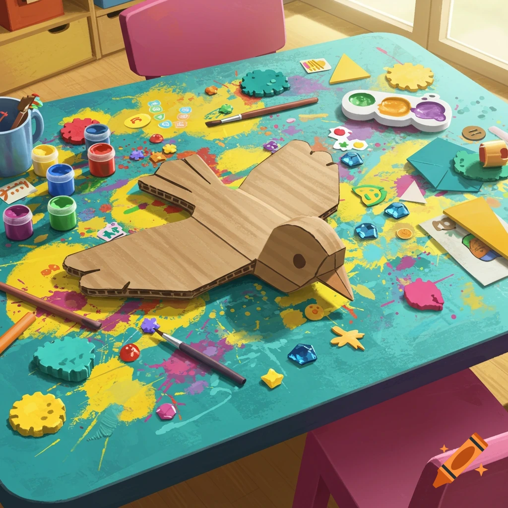 A cardboard bird with separate wings rests on a teal table splattered with bright yellow, pink, and blue paint, surrounded by craft supplies.