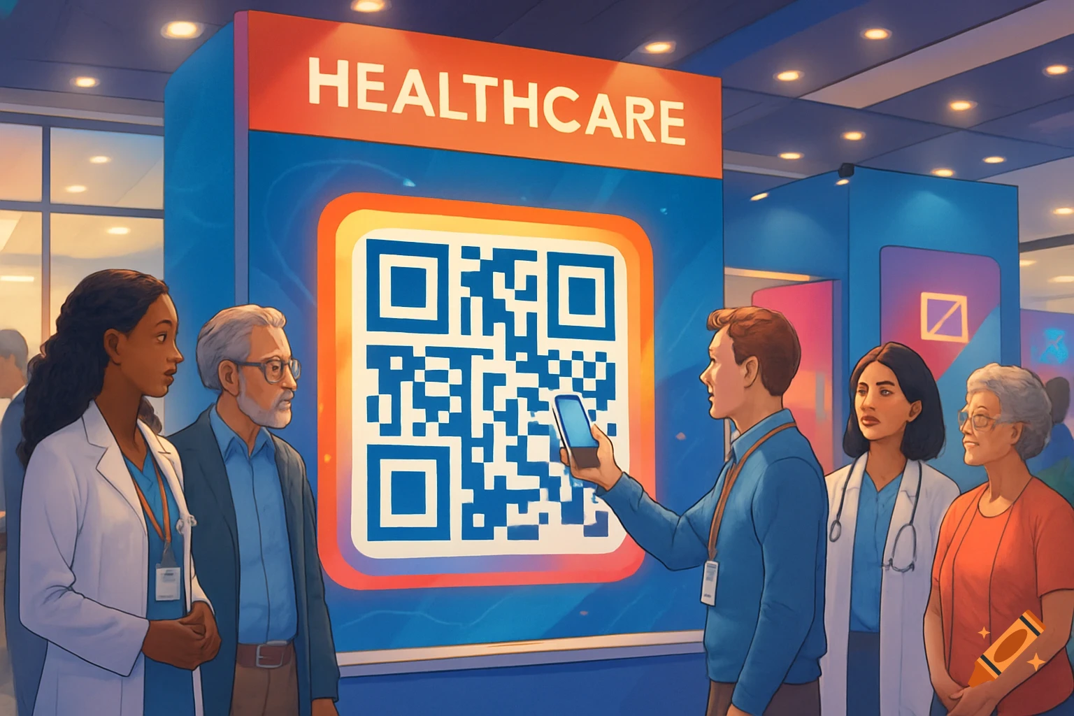 Diverse group of healthcare professionals and patients at a conference exhibit, with one person scanning a large QR code on a "HEALTHCARE" sign. Illustrative style.