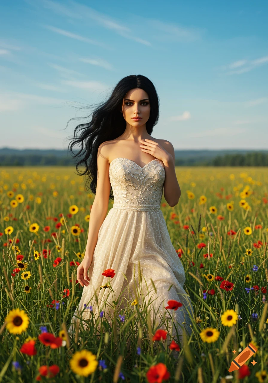 Photorealistic image of a woman in a cream dress with long dark hair standing in a field of yellow sunflowers and red poppies under a blue sky.