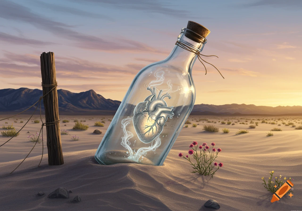 A metallic heart inside a glass bottle, partially buried in desert sand, with mountains and a colorful sky at sunset.