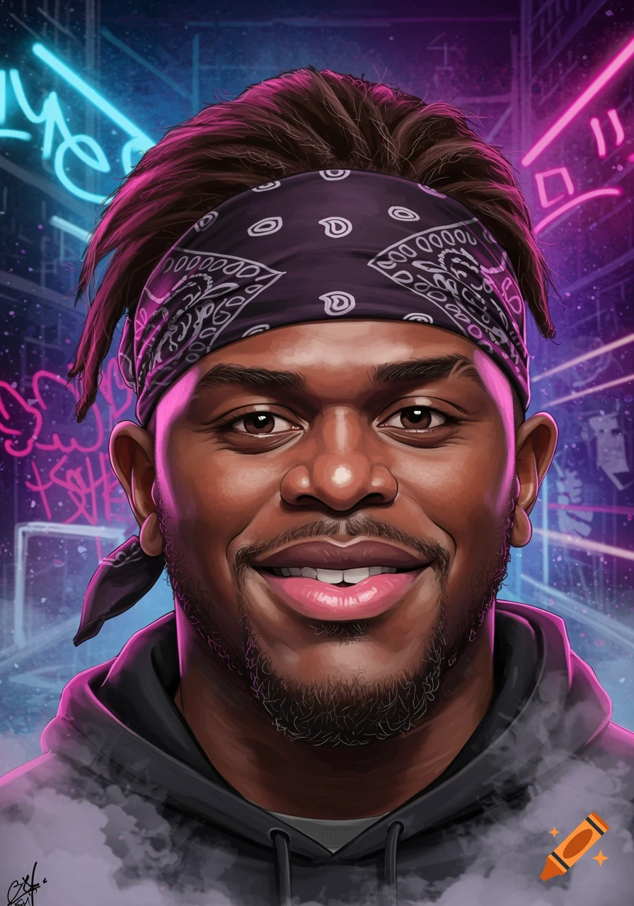 A stylized digital portrait of a smiling Black man with a bandana and dreadlocks, set against a neon cyberpunk city background.