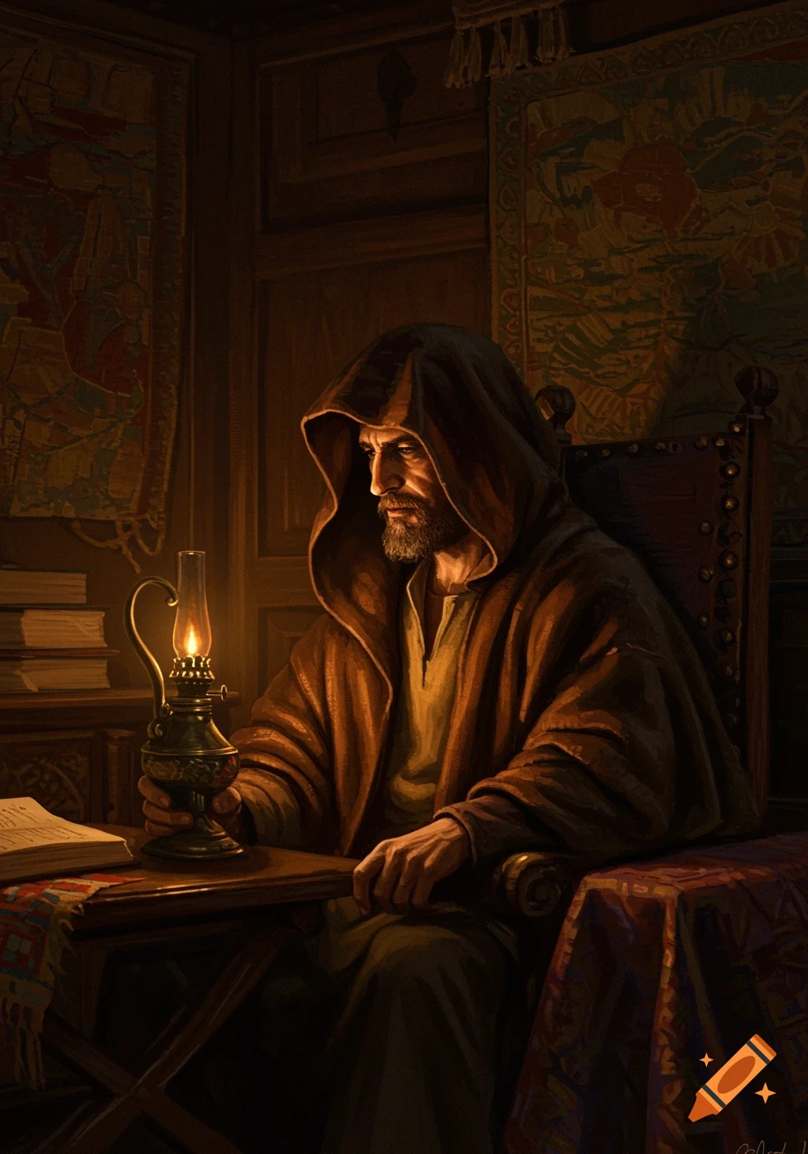 A man in a brown hooded robe holds a flickering oil lamp at a wooden table, next to an open book and stacked books, in a dimly lit, richly decorated room.