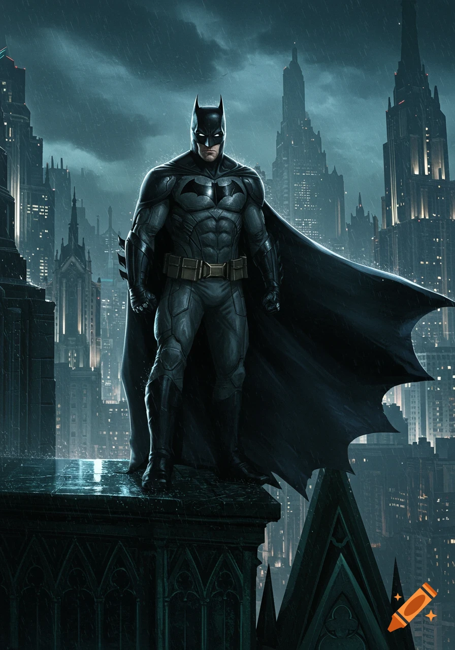 Batman stands atop a Gothic skyscraper overlooking a rainy Gotham City at night.