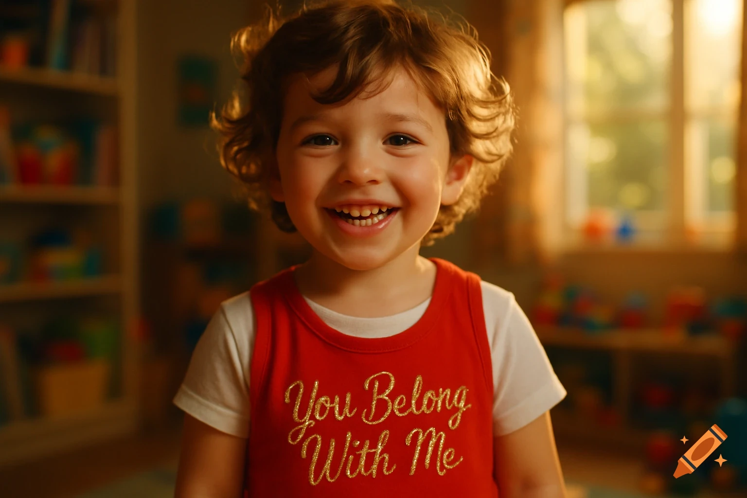 A happy child with curly brown hair smiles brightly, wearing a red tank top with 'You Belong With Me' in gold text, bathed in warm indoor light.