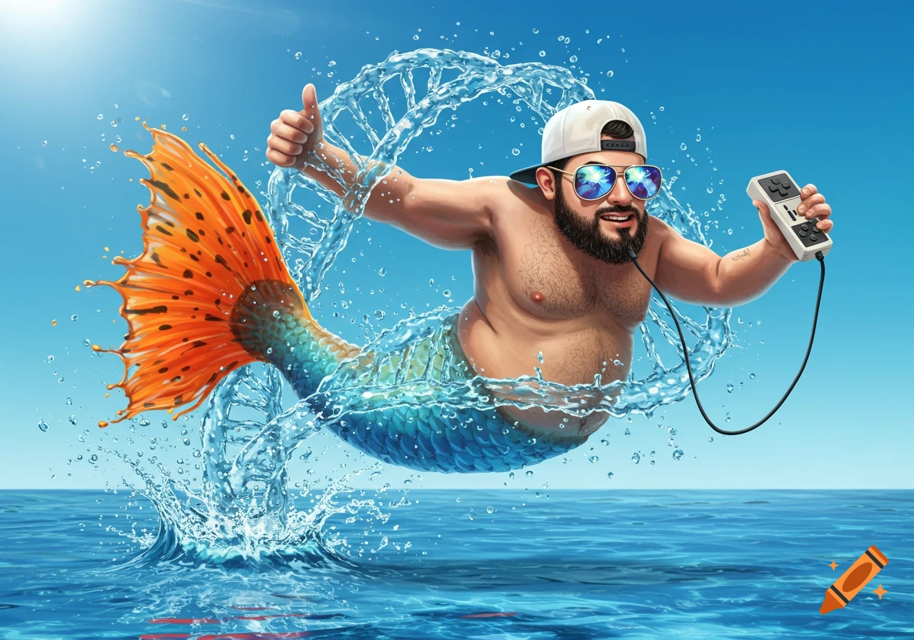 Cartoon merman with a beard and sunglasses jumps out of water, giving a thumbs up and holding a game controller, with a DNA-like water splash.