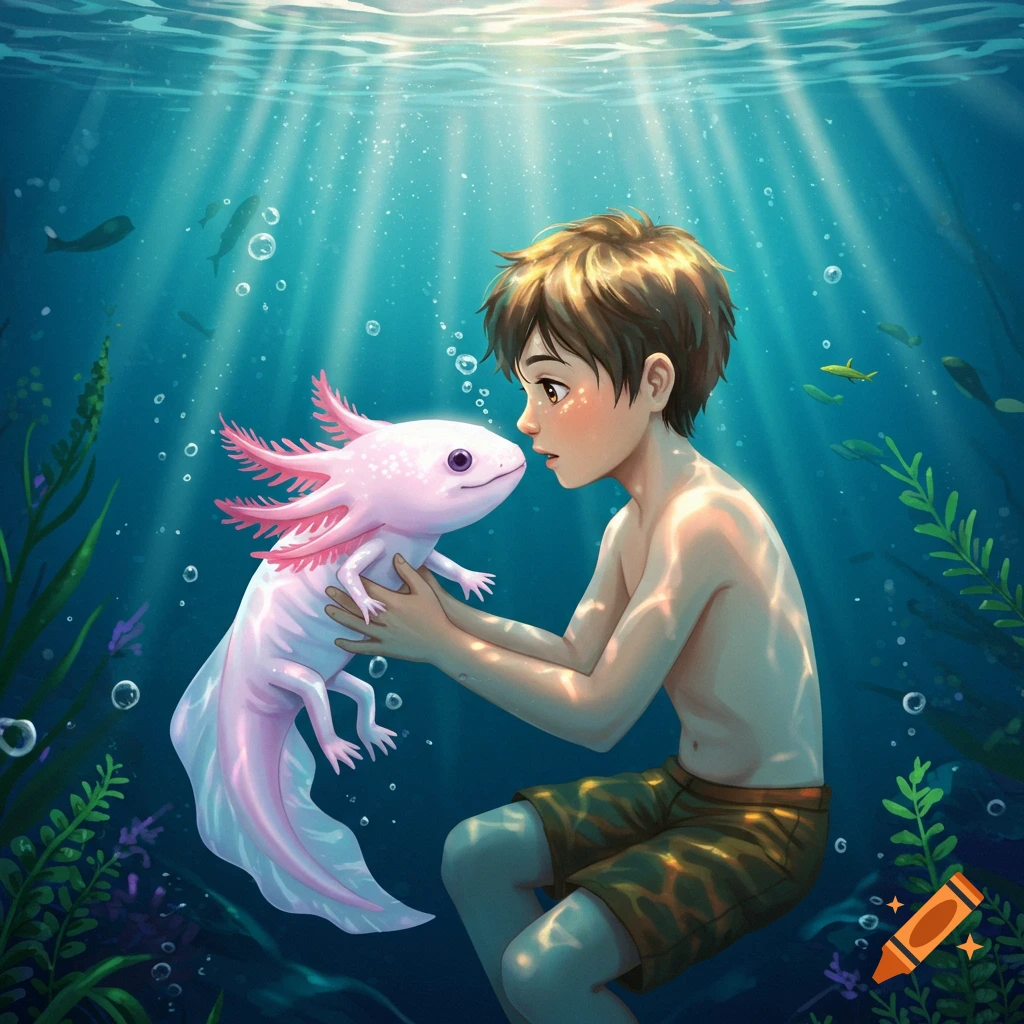 A boy in swim trunks holds a pink axolotl underwater, with light rays piercing the blue water.