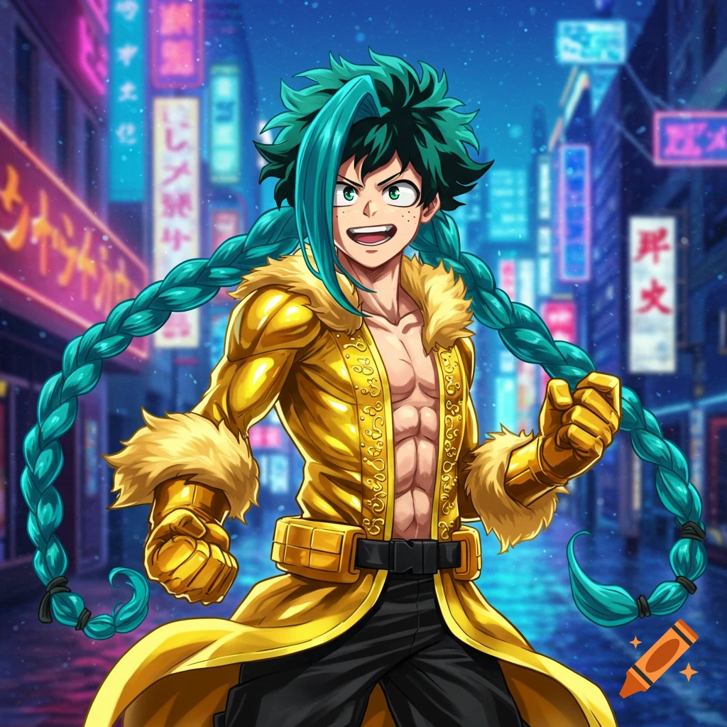 Anime character Izuku Midoriya with teal braids and a golden, fur-trimmed coat, standing in a neon-lit city street at night, in a dynamic pose.