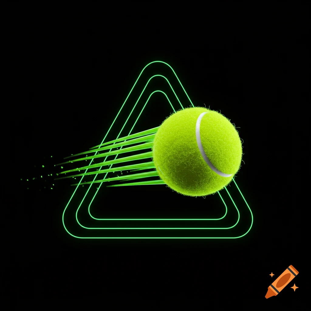Neon green tennis ball with motion blur, flying through concentric neon green triangles on a black background.