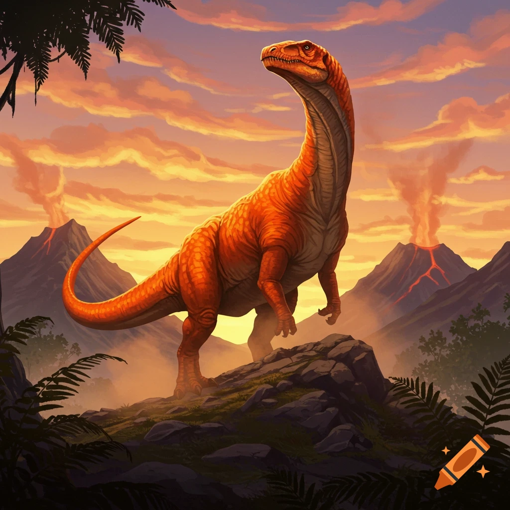 An orange dinosaur stands on a rocky outcrop, looking towards the sunset over erupting volcanoes in a prehistoric landscape.