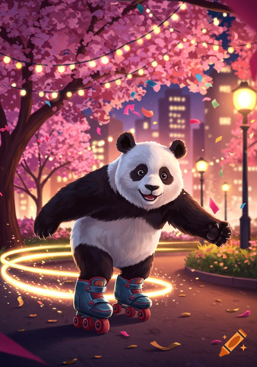 A happy panda roller skates on a path in a vibrant, glowing cherry blossom park at night.
