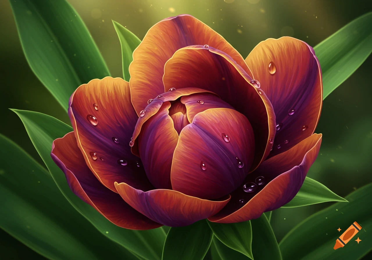 Vibrant orange and purple flower with dew drops on petals, surrounded by green leaves. Detailed digital painting.