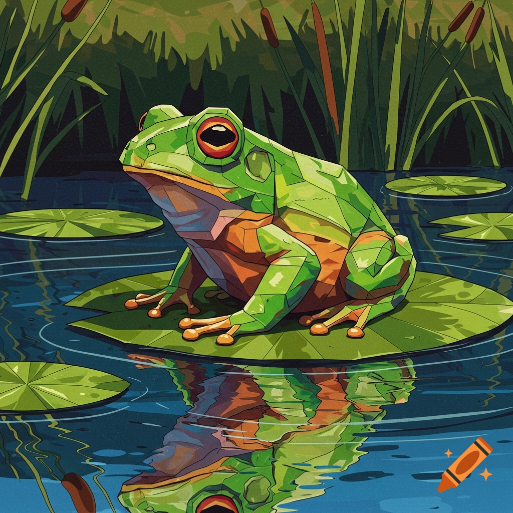 A cubist green and orange frog sits on a lily pad in a pond, with tall reeds in the background.