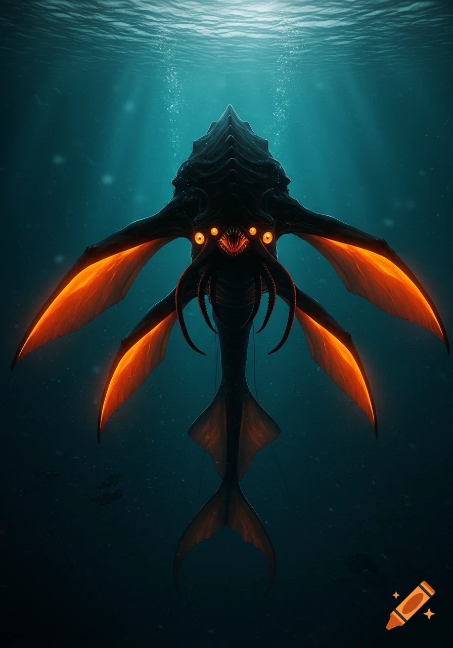 A massive, menacing black deep-sea creature with glowing orange eyes and fins swims upwards in dark blue water.