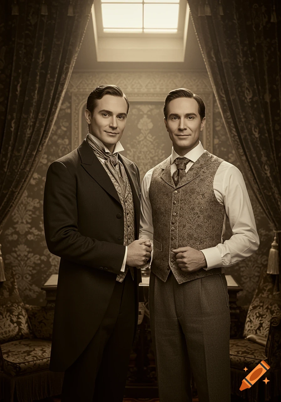 A sepia-toned portrait of two impeccably dressed men in 19th-century attire, standing hand-in-hand.