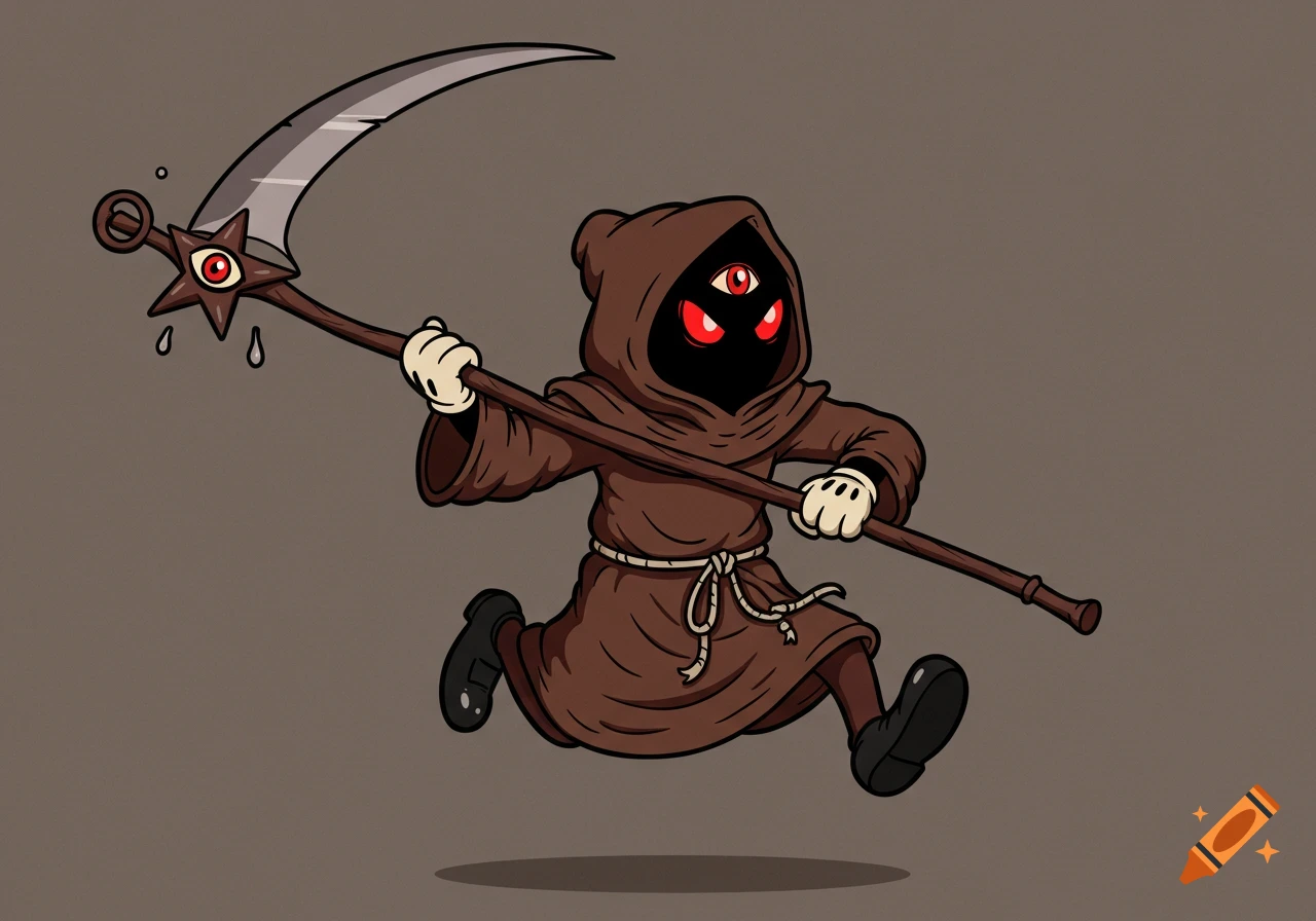 A cartoon hooded mage character with red eyes and a third eye, wearing Mickey Mouse gloves and holding a scythe, runs in 1930s rubber-hose animation style.