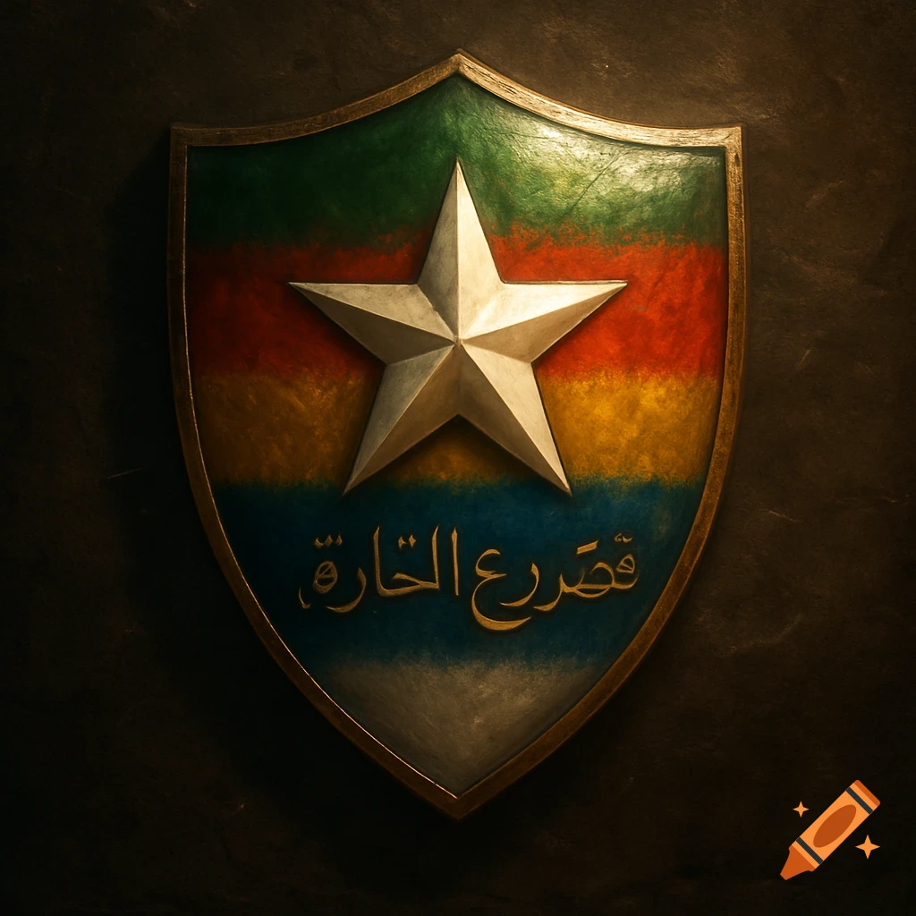 A decorative shield with a large silver star on a background of green, red, yellow, and blue stripes, with Arabic text at the bottom.