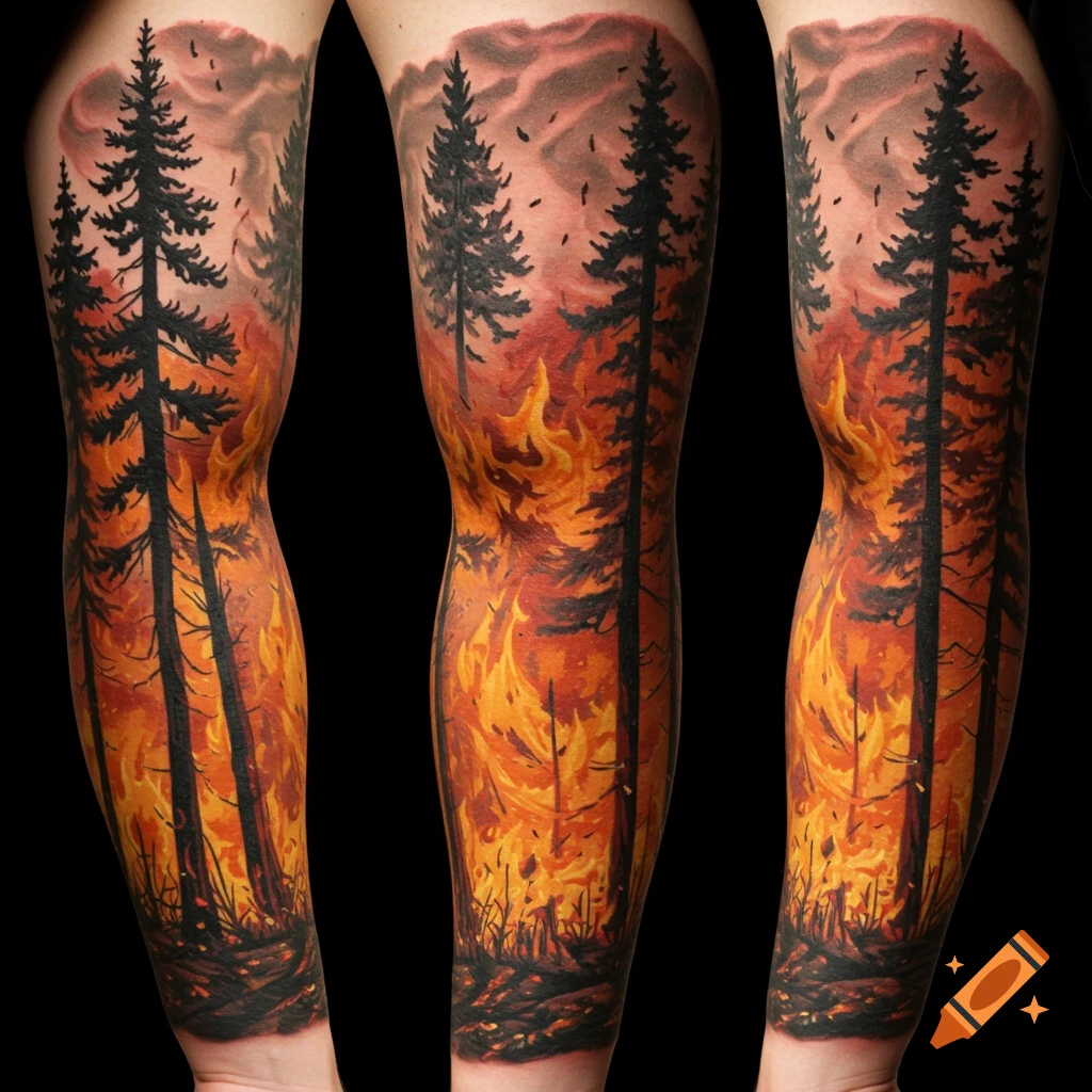 A full sleeve tattoo depicting a forest fire with silhouetted pine trees against bright flames and smoky clouds.