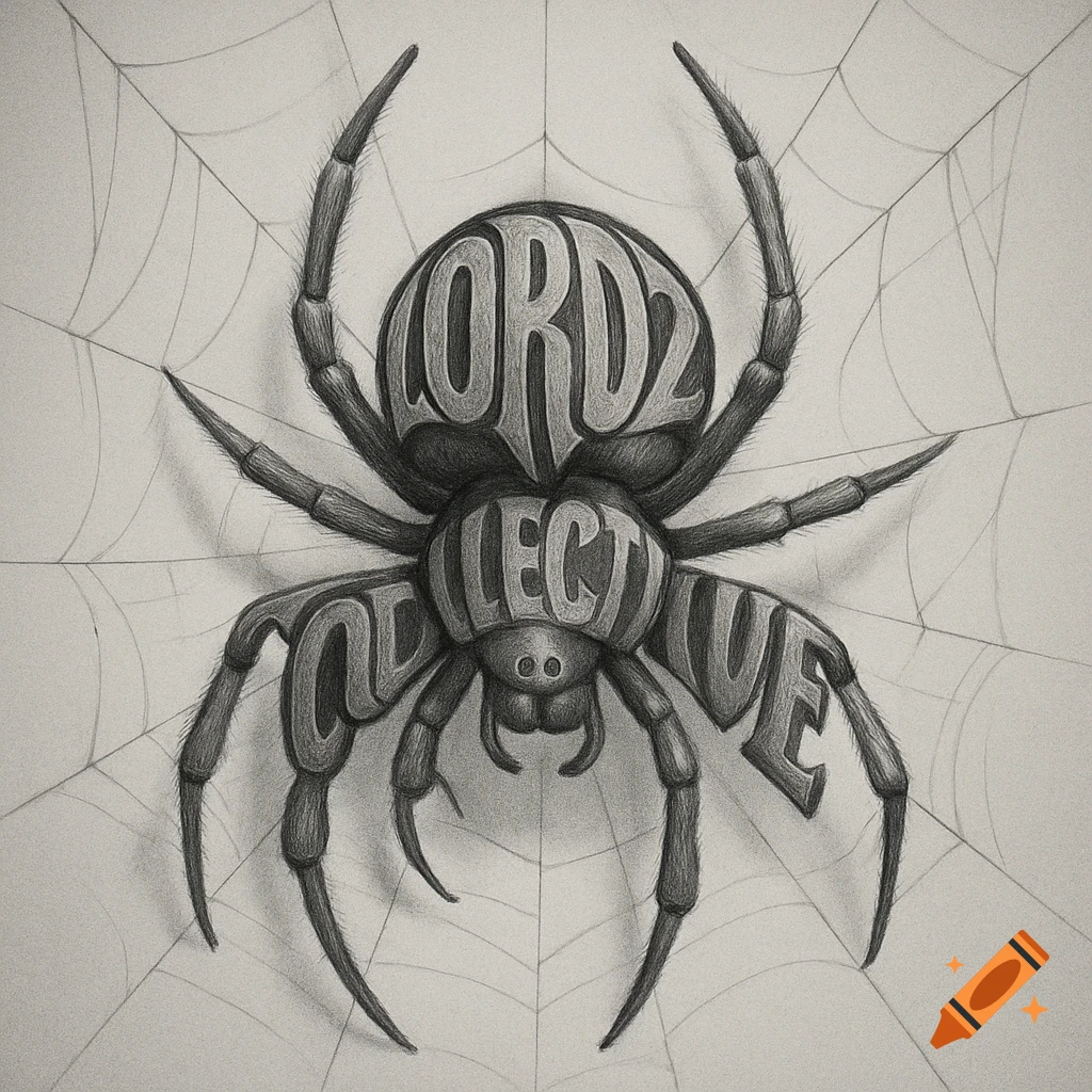 A pencil drawing of a spider on a web, with its body formed by the words 'LORDZ COLLECTIVE'.