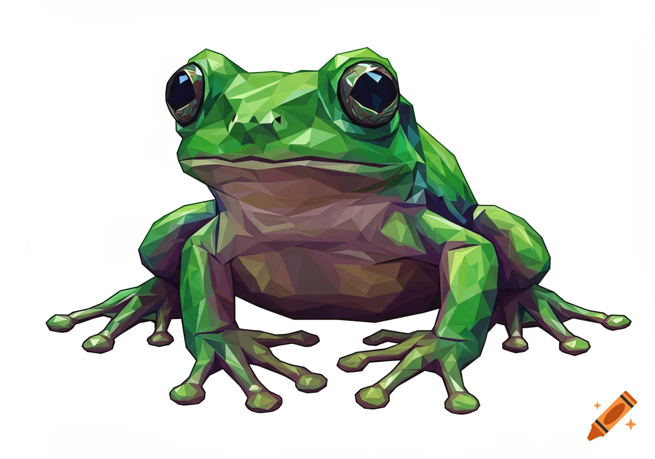 A green frog rendered in a cubist art style, isolated on a white background.