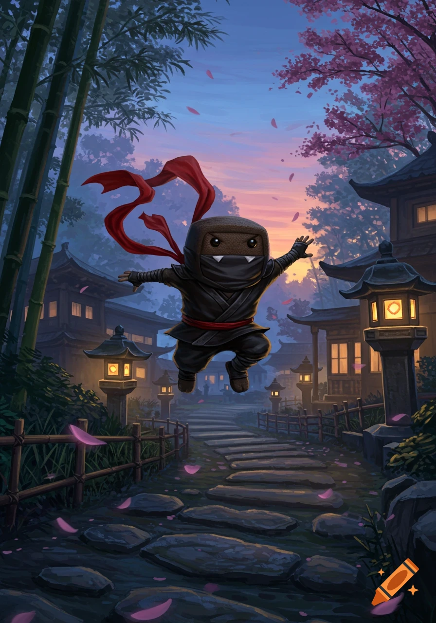 A cute Domo-like ninja with a red scarf jumps through a stylized Japanese village at sunset, surrounded by bamboo and cherry blossoms.