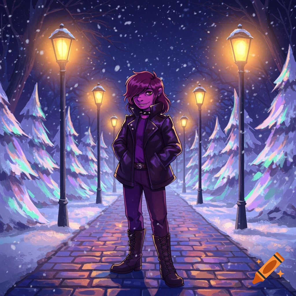 A stylized character with purple skin and hair, wearing a black jacket, stands on a cobblestone path in a snowy park at night, lit by streetlights.