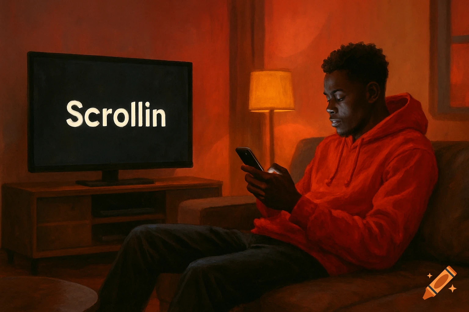 Digital painting of a man in a red hoodie sitting on a couch, scrolling on his phone, with 'Scrollin' on the TV in a warm, dimly lit room.