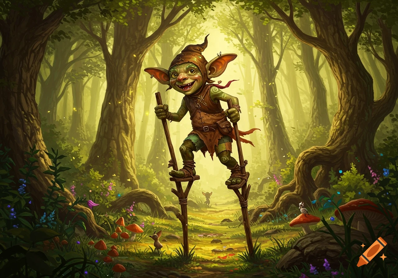 A smiling green goblin wearing a brown tunic and pointed hat walks on tall wooden stilts through a sunlit, vibrant forest.