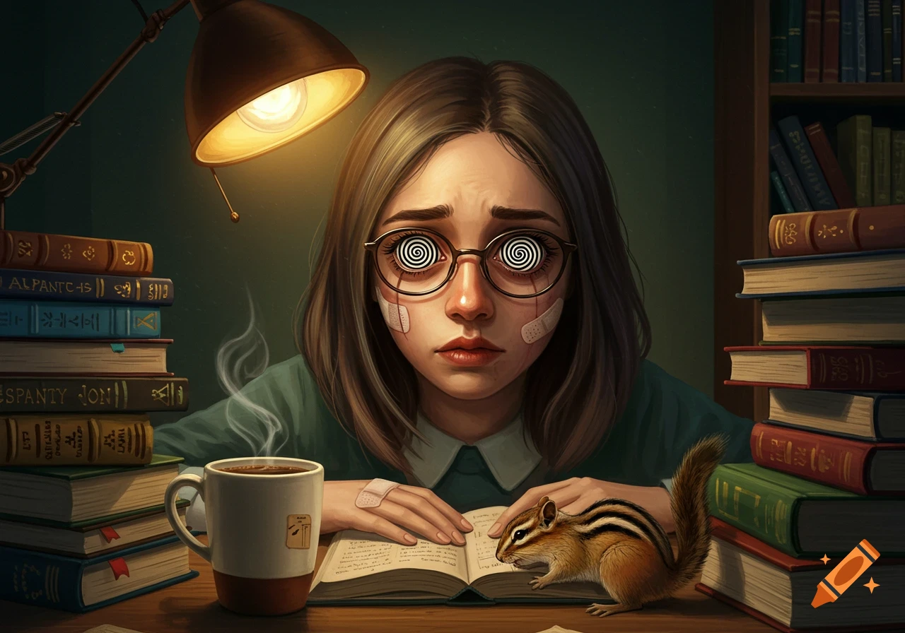 A distressed girl with spiral eyes and bandages on her face studies at a desk with books, coffee, and a chipmunk, lit by a desk lamp.