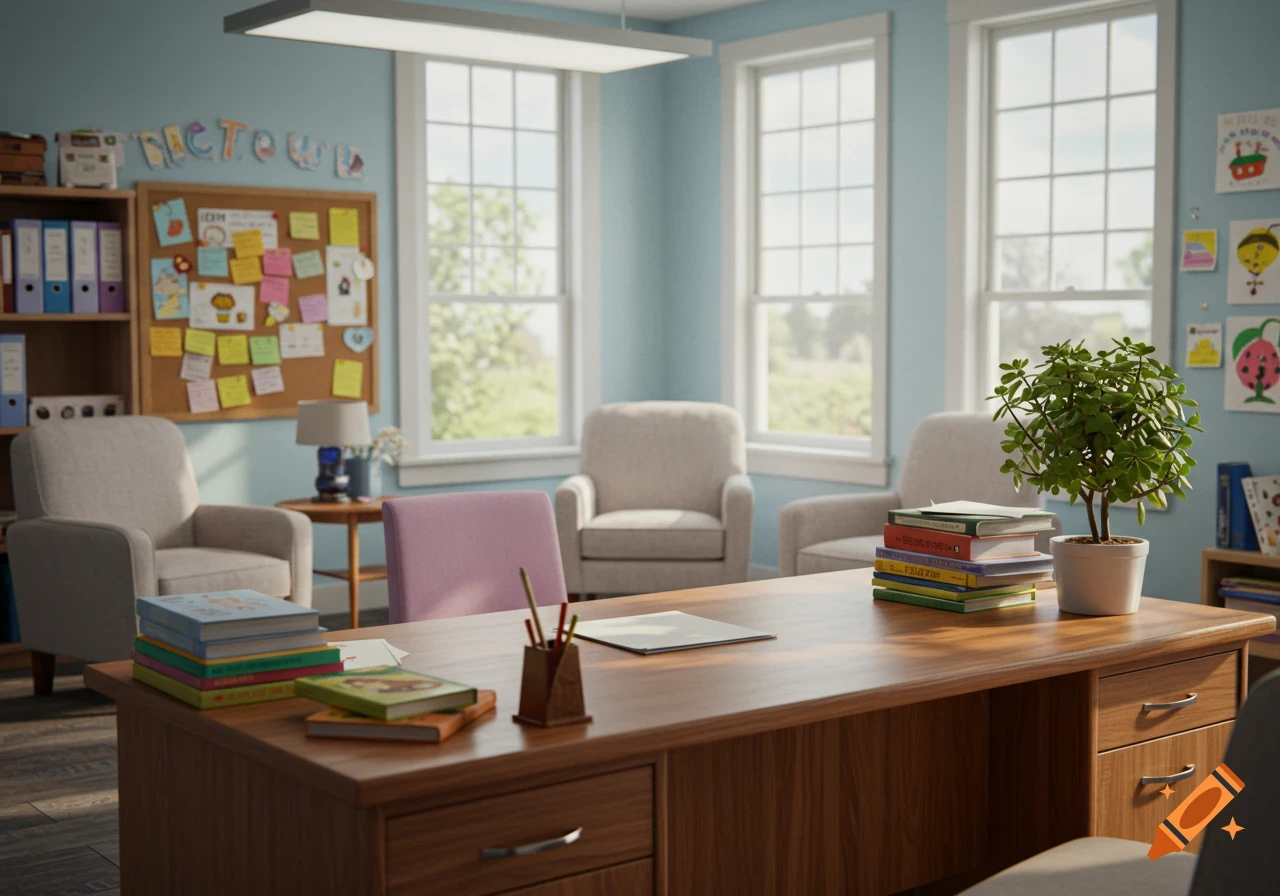 A well-lit, organized elementary principal's office with a wooden desk, comfortable chairs, a bulletin board, and large windows.