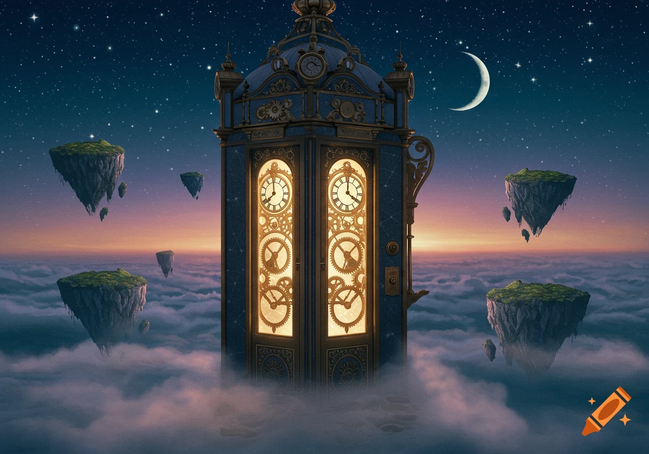 An ornate, blue and gold clock tower rises from fluffy clouds, surrounded by floating grassy islands under a starry night sky with a crescent moon.