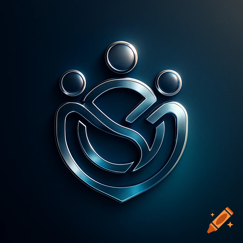 A metallic silver and blue abstract logo with intertwined shapes on a dark background.