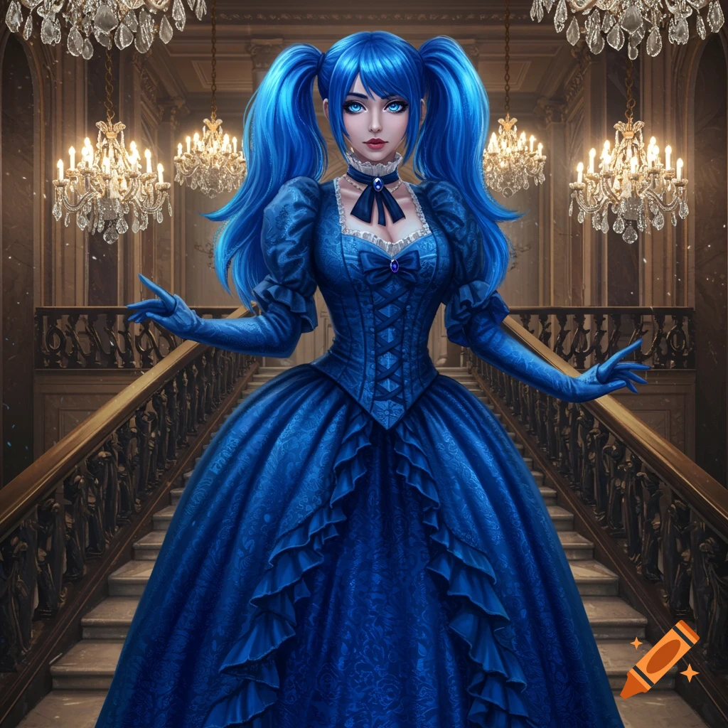 A detailed digital art portrait of a Victorian woman with bright blue hair and eyes, wearing a dark blue ruffled gown on a grand staircase.
