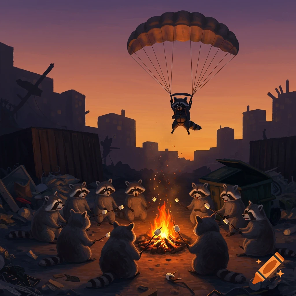 A group of cartoon raccoons roast marshmallows around a campfire in a ruined city at dusk, as another raccoon parachutes down towards them.