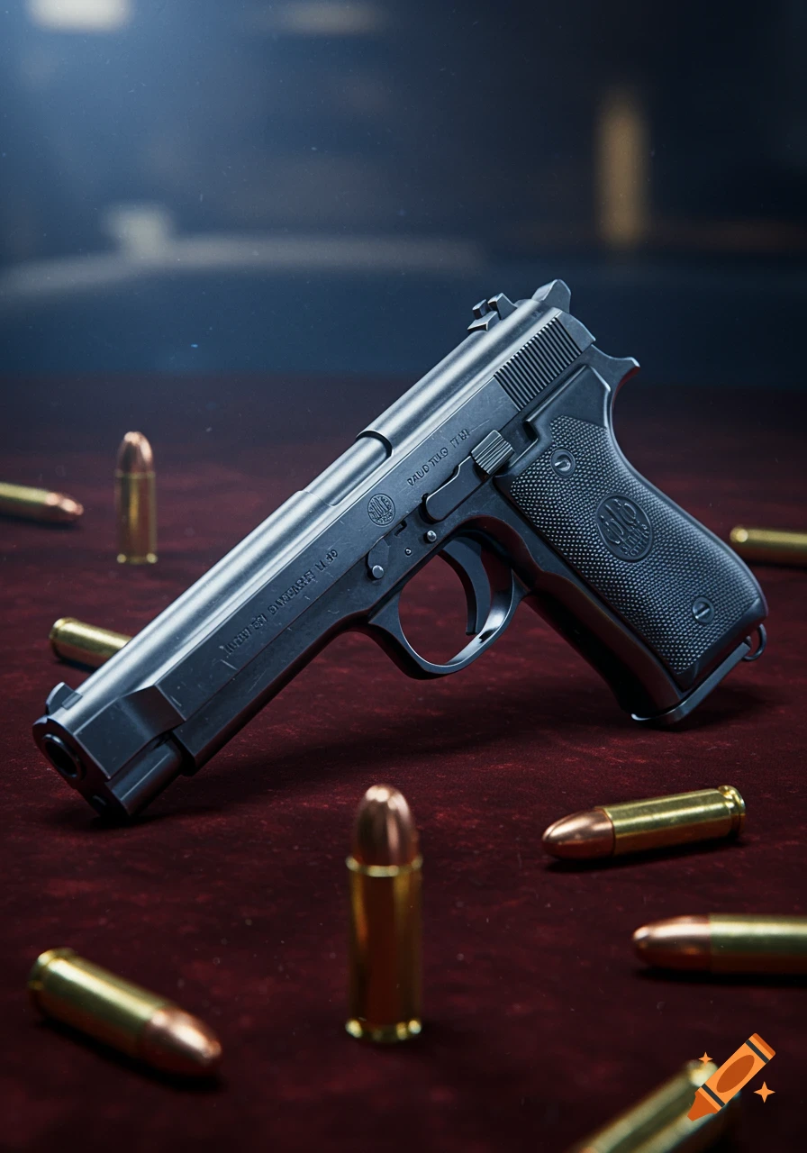 A photorealistic close-up of a handgun and bullets on a red velvet surface.