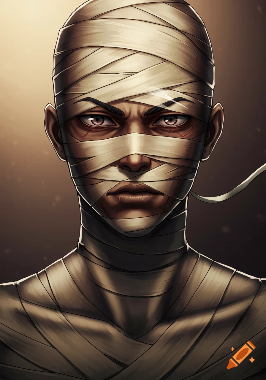 A close-up anime-inspired portrait of a male mummy character with greyish-brown eyes, wrapped in intricate bandages.