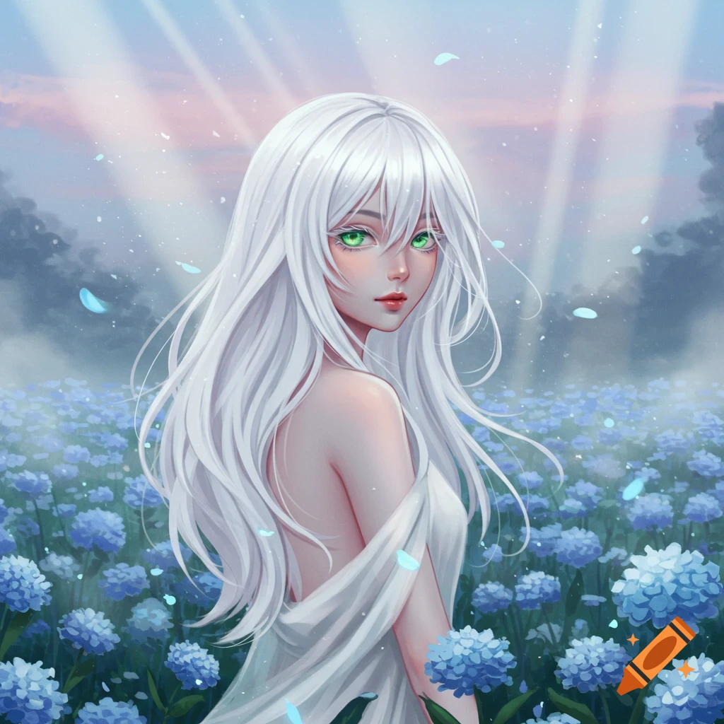 Anime girl with long white hair and bright green eyes in a field of blue flowers.