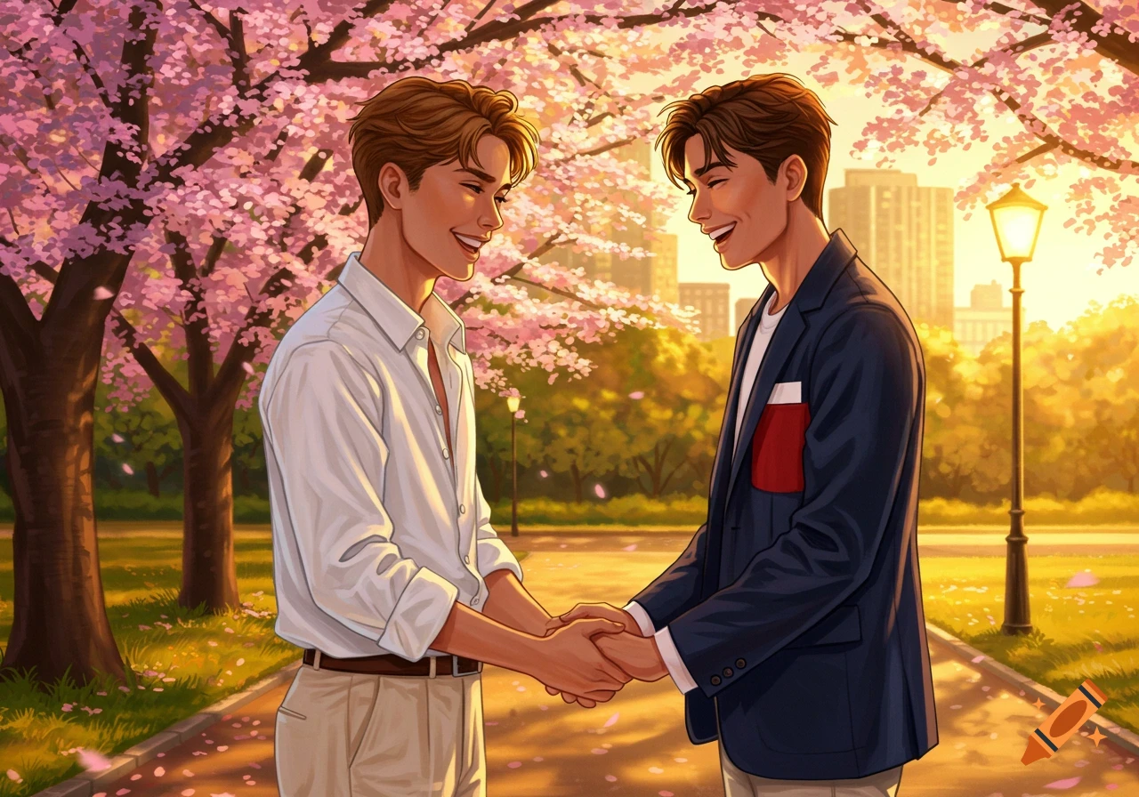 Two smiling anime-style young men shake hands under blooming cherry blossom trees in a park at sunset.
