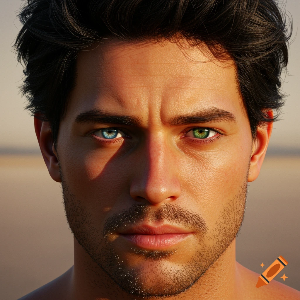 Close-up photorealistic portrait of a man with dark hair, stubble, and heterochromia (one blue eye, one green eye).