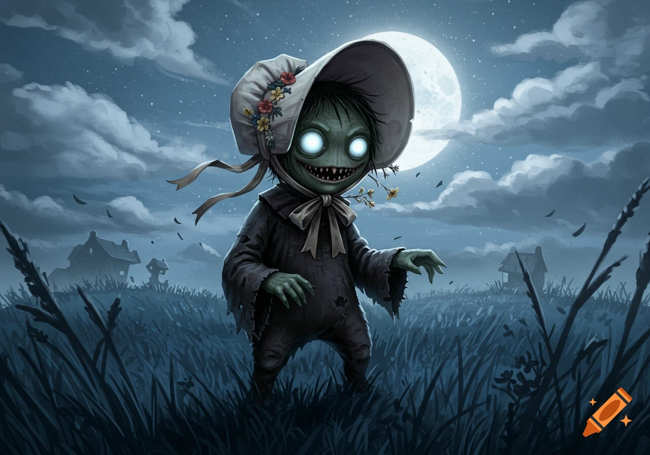 A creepy, green-skinned creature with glowing eyes and sharp teeth wears a bonnet in a moonlit field.