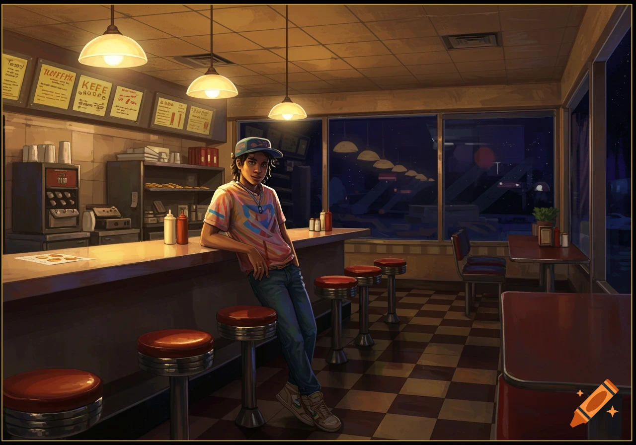 A stylized digital painting of a person with dreadlocks and a baseball cap leaning on a diner counter at night, with menu boards behind them.