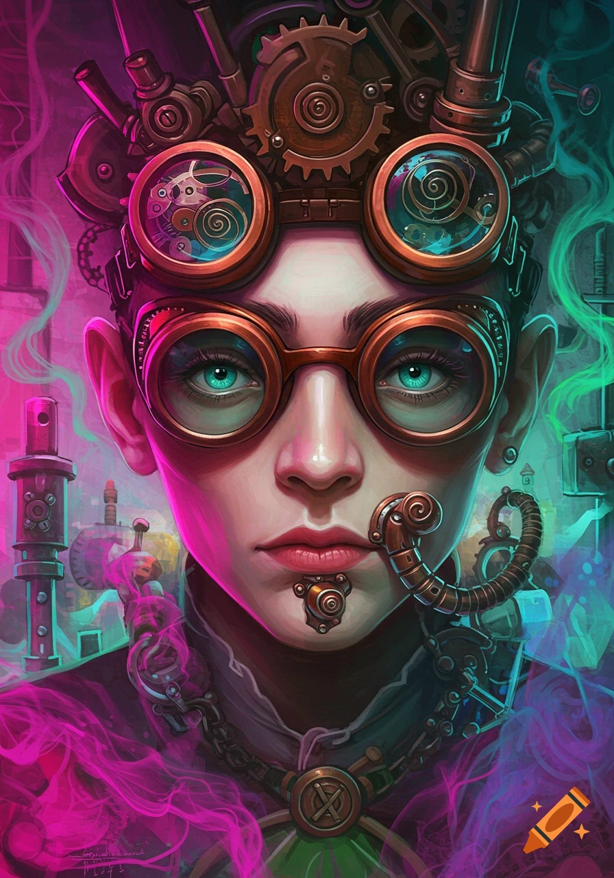 Close-up portrait of a person with steampunk goggles and gear, surrounded by vibrant pink and green smoke.
