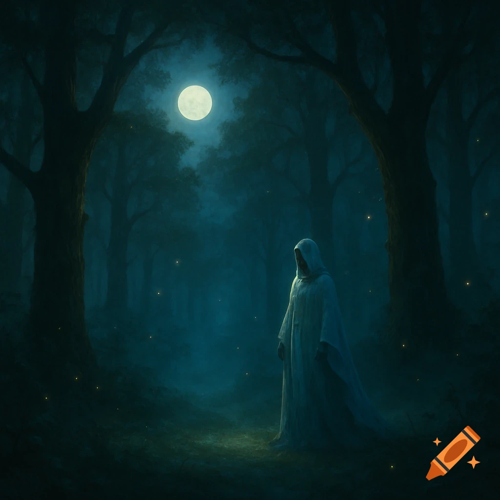 A robed figure stands in a dark, misty forest under a bright full moon, with glowing fireflies.